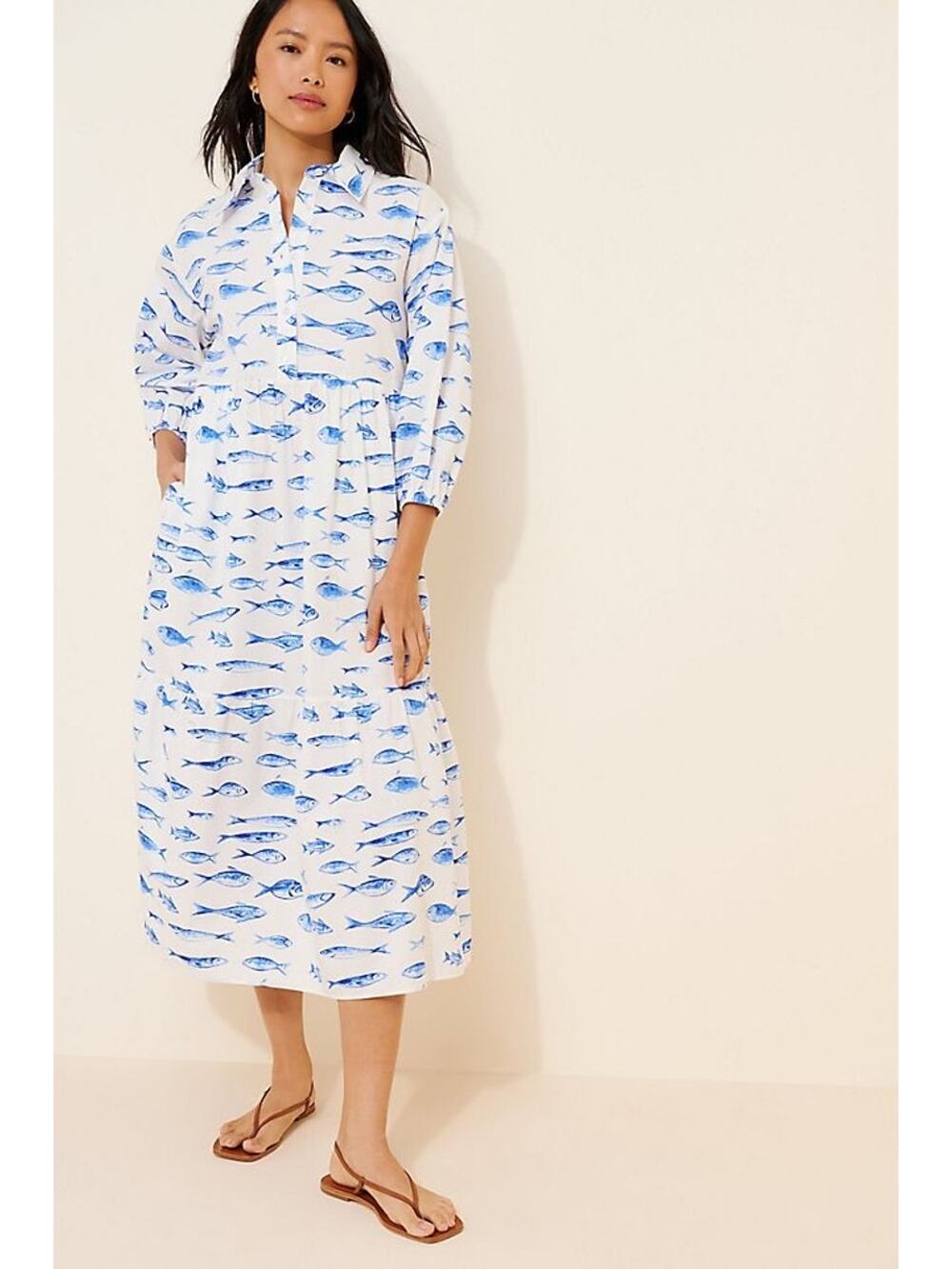 Anthropologie Maeve The Bettina Shirt Dress fish print ocean blue large vacation
